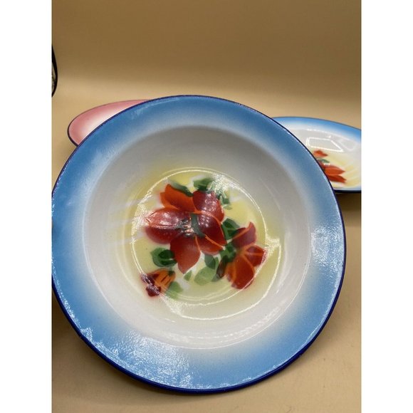 Gold Fish Brand Enamel 8” Plates Blue Pink and Red Flowers LOT 3 - Picture 3 of 14